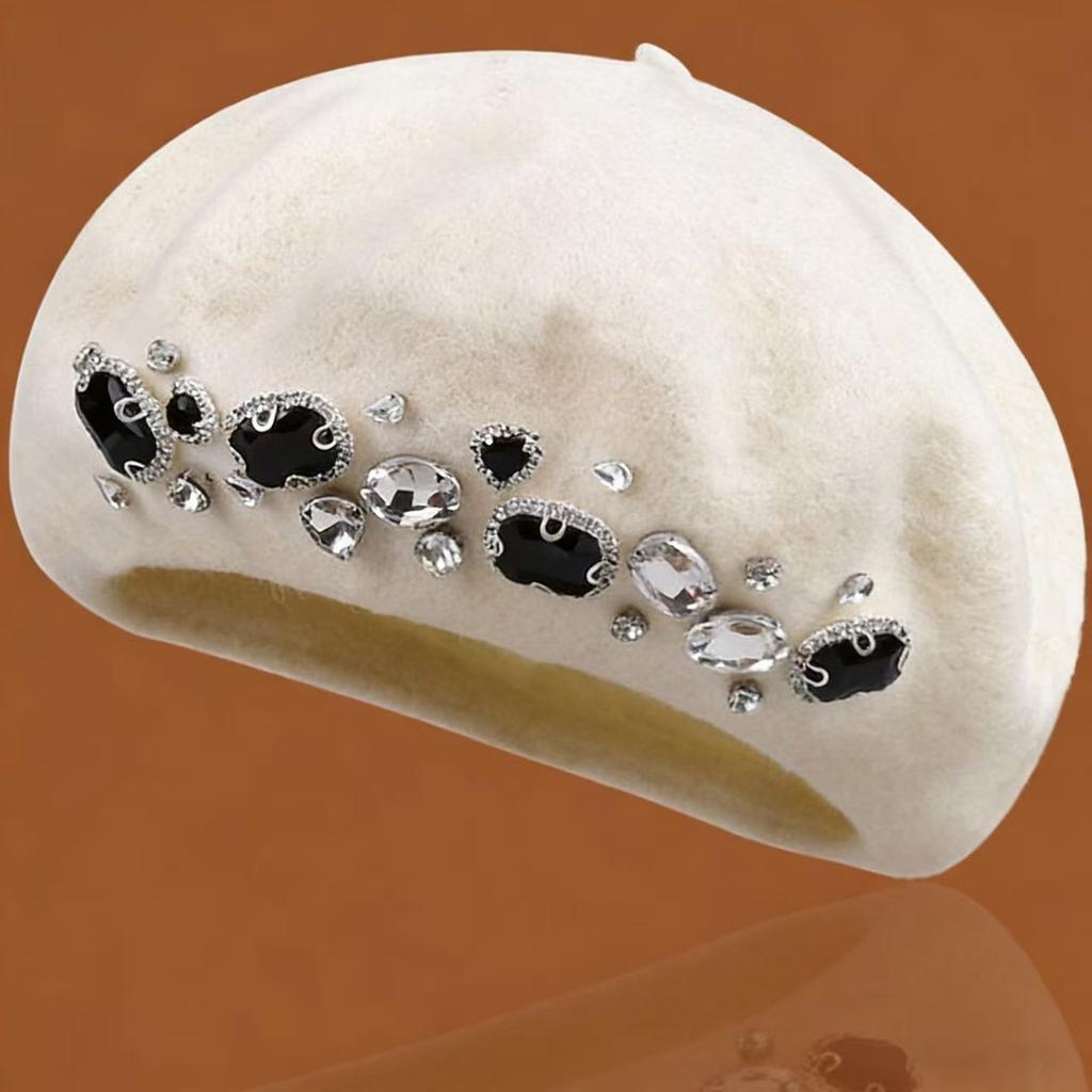 Autumn And Winter Artistic Solid Color Diamond Inlaid Fashionable Wool Beret Women's Outdoor Fashionable Versatile Painter Hats