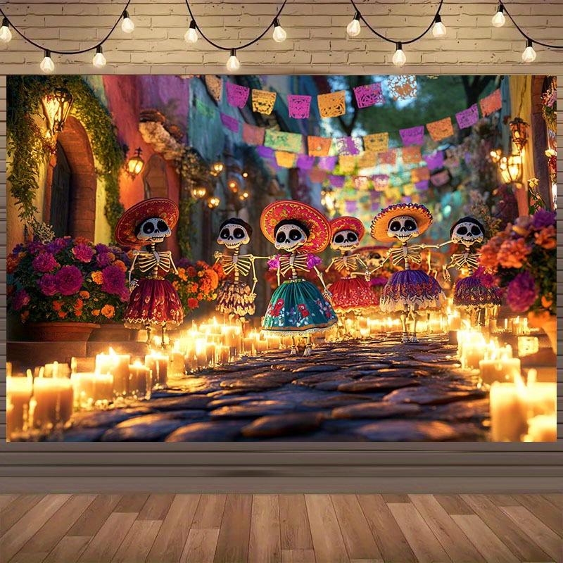 1 piece of Day of the Dead polyester background fabric - Mexican Day of the Dead Skeleton Dancer, festival decoration 130x150cm