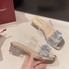 Beautiful Rhinestone Flower Sandals Women's Outer Wear 2025 Summer New Square Head Crystal Thick Heel with Transparent Sandals