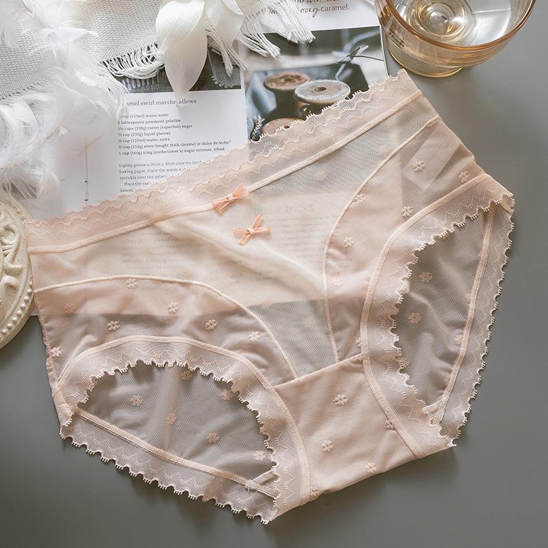Mesh Lace Thin and Semi-transparent Panties with Double Bowknots and Small Flowers, Pure Desire and Seductive Triangle Women’s Panties
