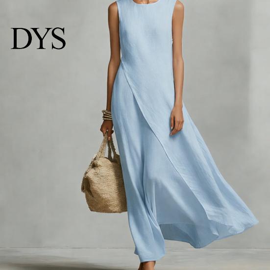 Simple Dress Women's Sleeveless Cotton Linen Dress, Casual Irregular Hem Crew Women Neck Long Summer Loose Beach Vacation Sundress Fit