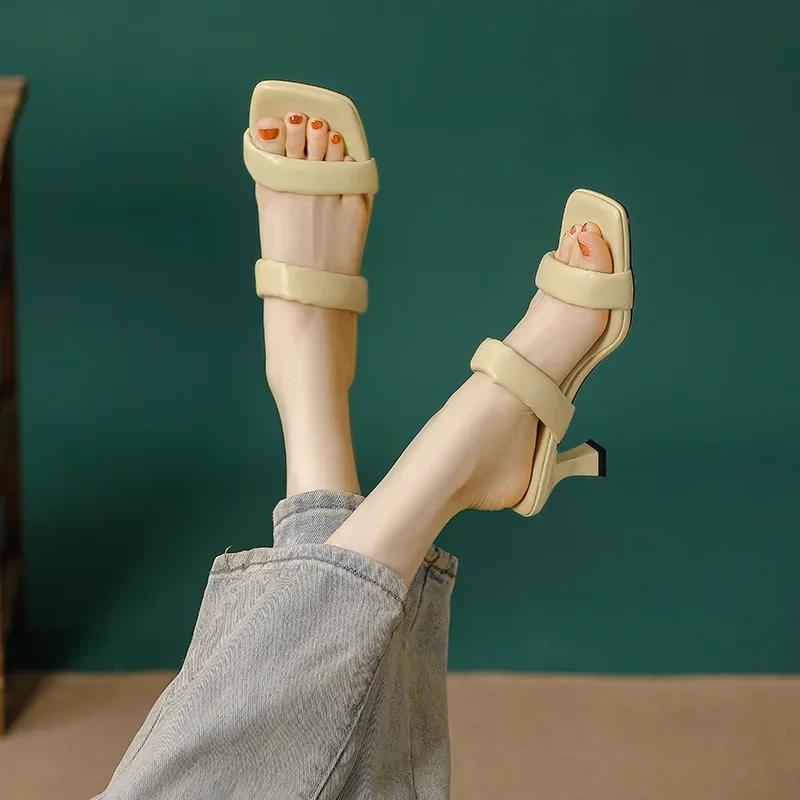 Fashion 2025 New Square Head High Heels Stiletto Internet Celebrity Fashion Sense Cool Slippers