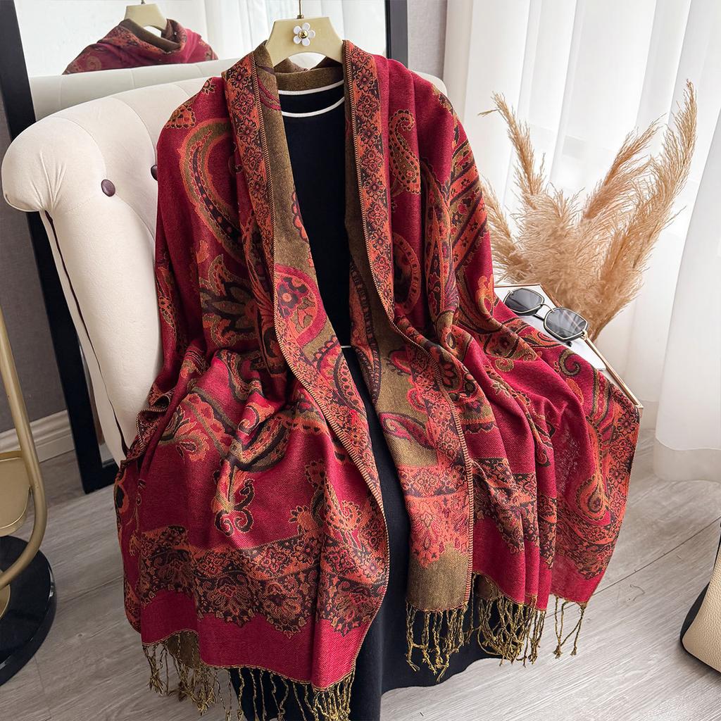 Women's New Imitation Cashmere Scarf, Ethnic Style Cashew Nut Flower Fringed Long Scarf, High Fashion Warm Shawl