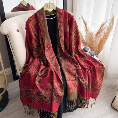 Imitation Cashmere Scarf, Ethnic Style Cashew Nut Flower Fringed Long Scarf, High Fashion Warm Outer Shawl