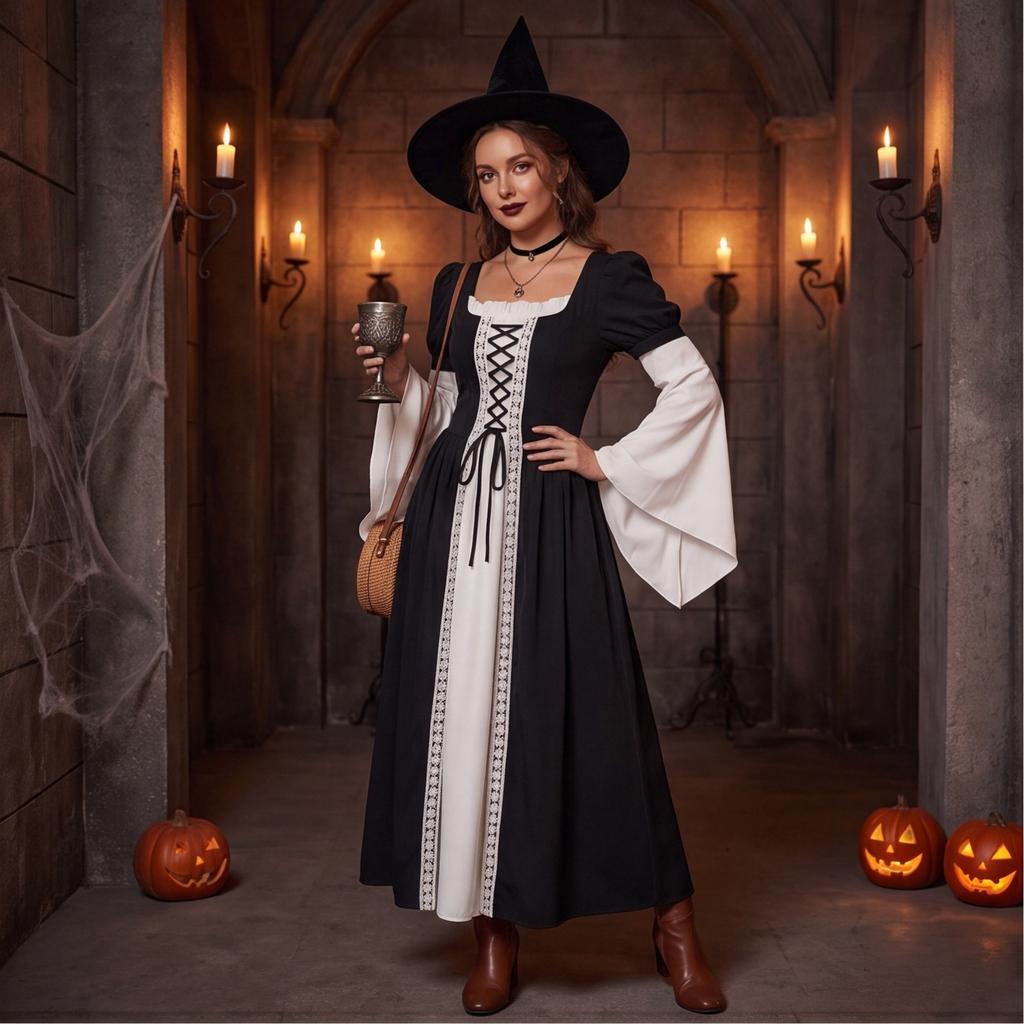 Medieval Renaissance Vintage Style Women's Dress Lace-Up Waist Tie Long Sleeve Court Gown Stage Performance Costume
