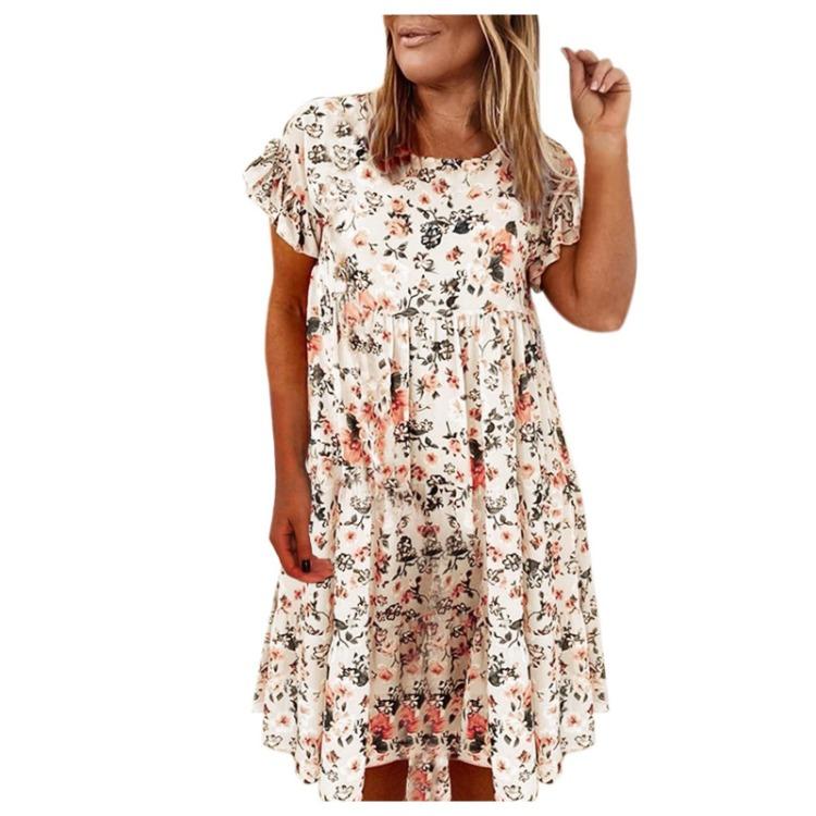 Flowers Print Casual Loose Short Sleeve All-match Women Dress