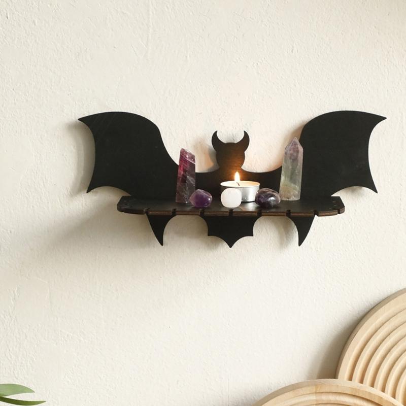 Creative Bat Shape Wood Floating Shelf Jewelry Crystal Display Wall Shelves for Halloween Bedroom Living Room Decoration