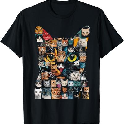 Cat Lover - Colorful Cat Face Collage T-Shirt for Men Women Kids