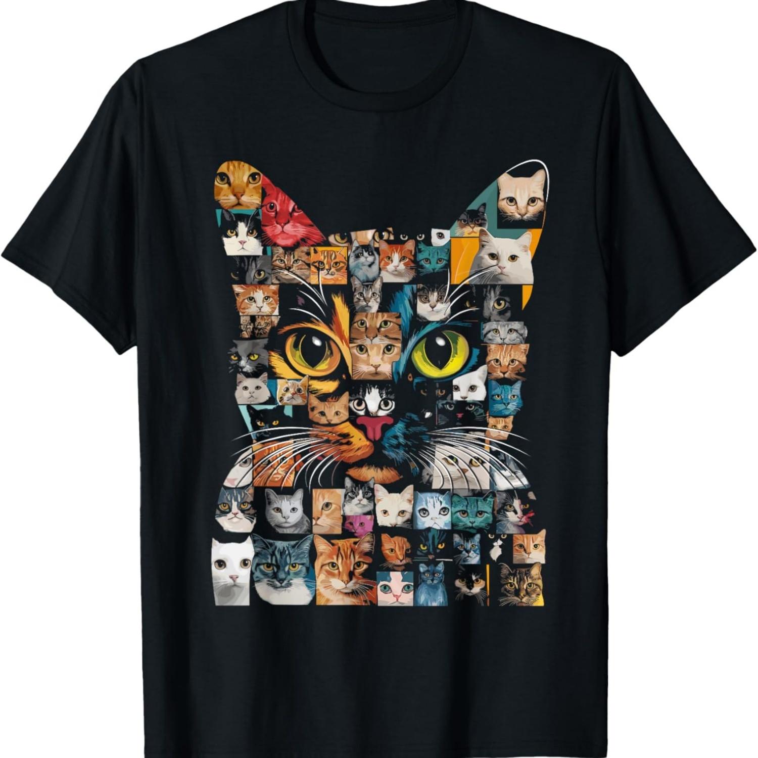 Cat Lover - Colorful Cat Face Collage T-Shirt for Men Women Kids S чёрный