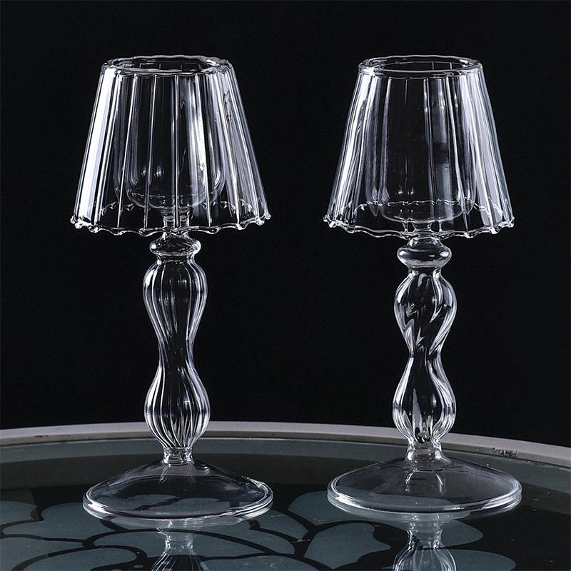1PC Vintage-Inspired Glass Table Decoration Desk Lamp Shaped European Transparent Glass Candle Holder Glass 18.5x8.5cm