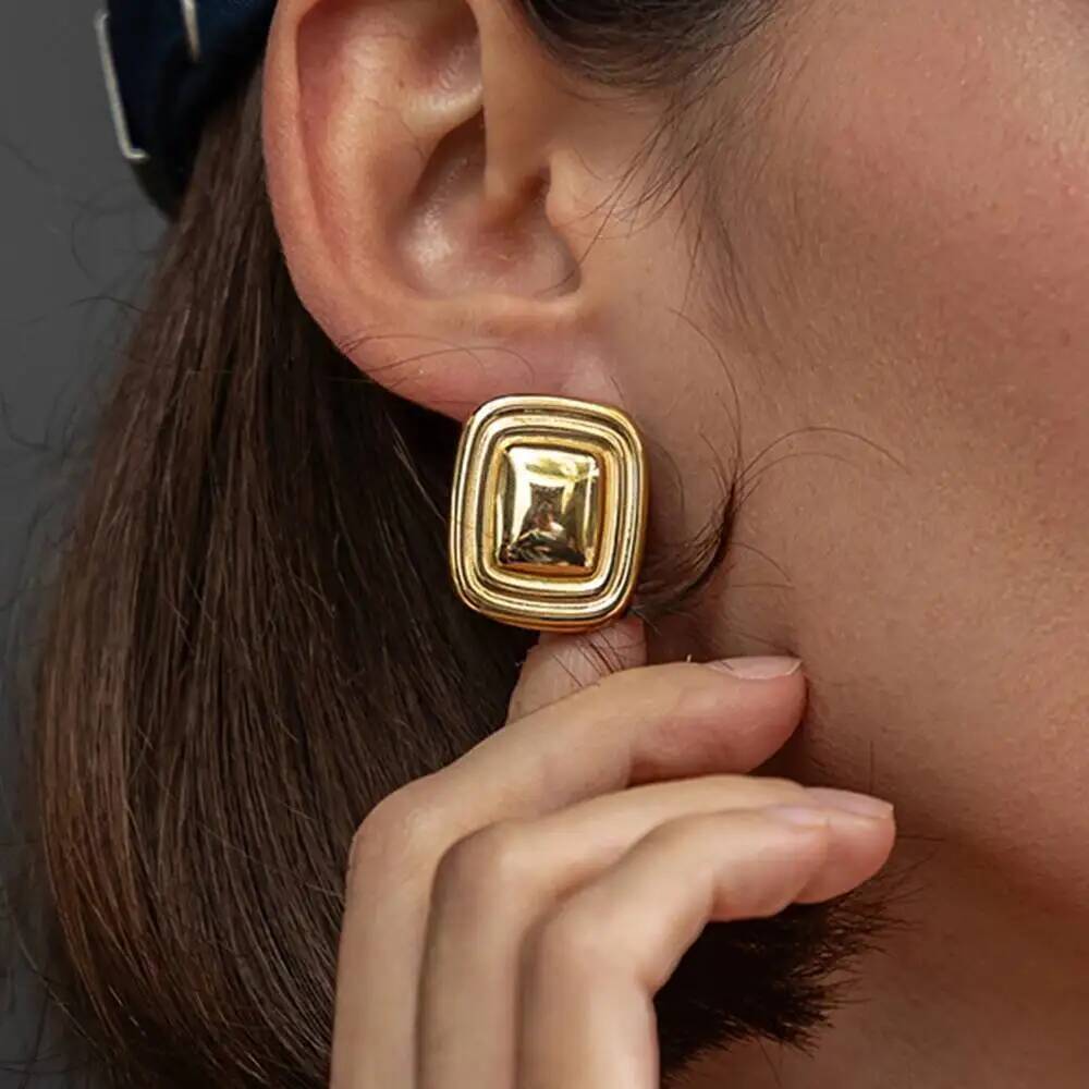 IngeSight.Z Vintage Luxury Stainless Steel Square Stud Earrings Lady Temperament Elegant 18K Gold Plated Geometric Ear Jewelry