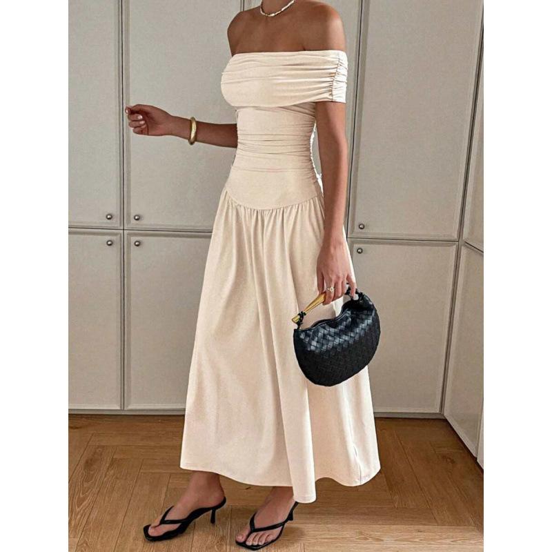 European and American Pure Desire Sexy One-word Shoulder Off the Shoulder Simple Fashion Elegant Waist Thin Dress Women
