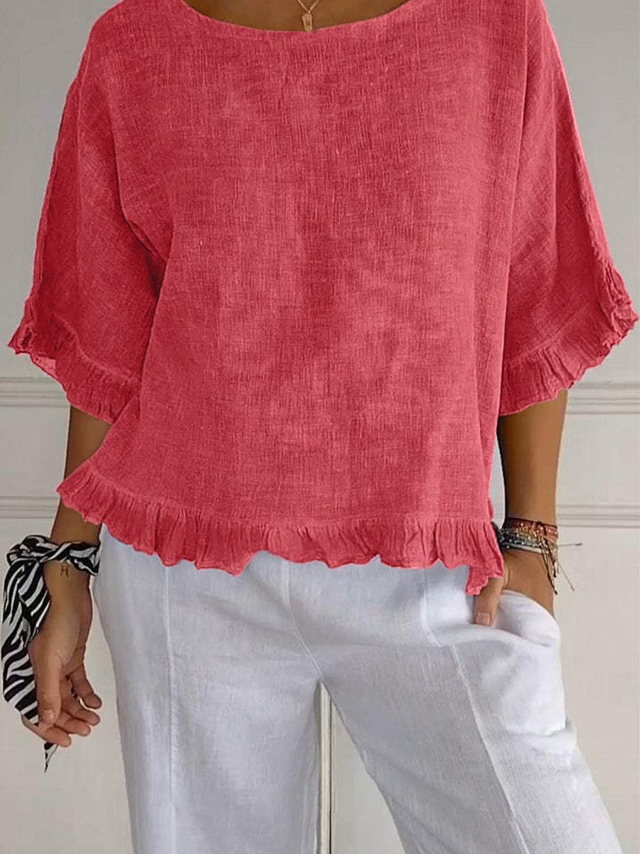 

Summer Wind Women s Short Sleeve Crew Neck Cotton Linen Solid Loose Shirt XXXL кавун червоний колір