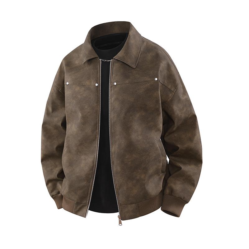 Retro Pu Leather Jacket Men's Autumn and Winter Pussy Motorcycle Baseball Uniform High Street Casual Top