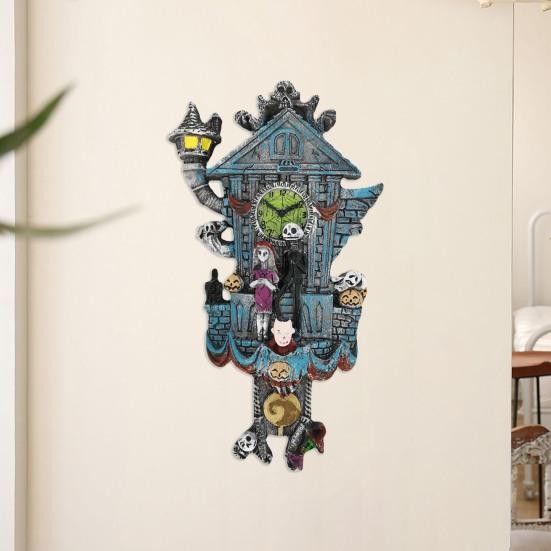 Halloween Cuckoo Clock Decoration Spooky Wall Clock Figurine Skeleton Pumpkin Wall Sculpture for Home Living Room Bedroom Decor