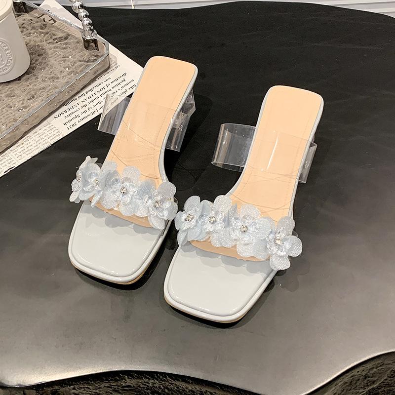 2025 summer new ins trendy Internet celebrity fashion word with transparent sandals women's high heels crystal thick heel cool slippers