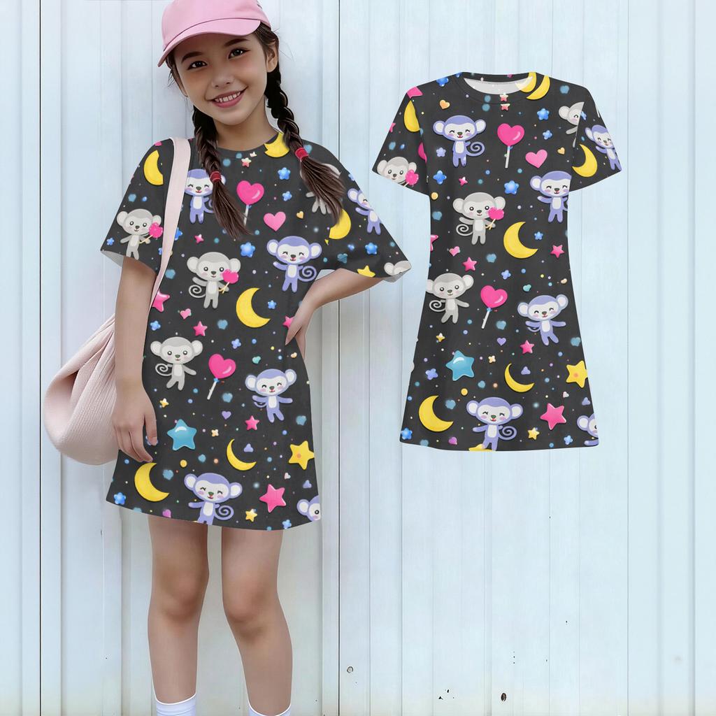 Girls Print Casual Dress Kids Loose Round Neck Short Sleeve Thin Sundress