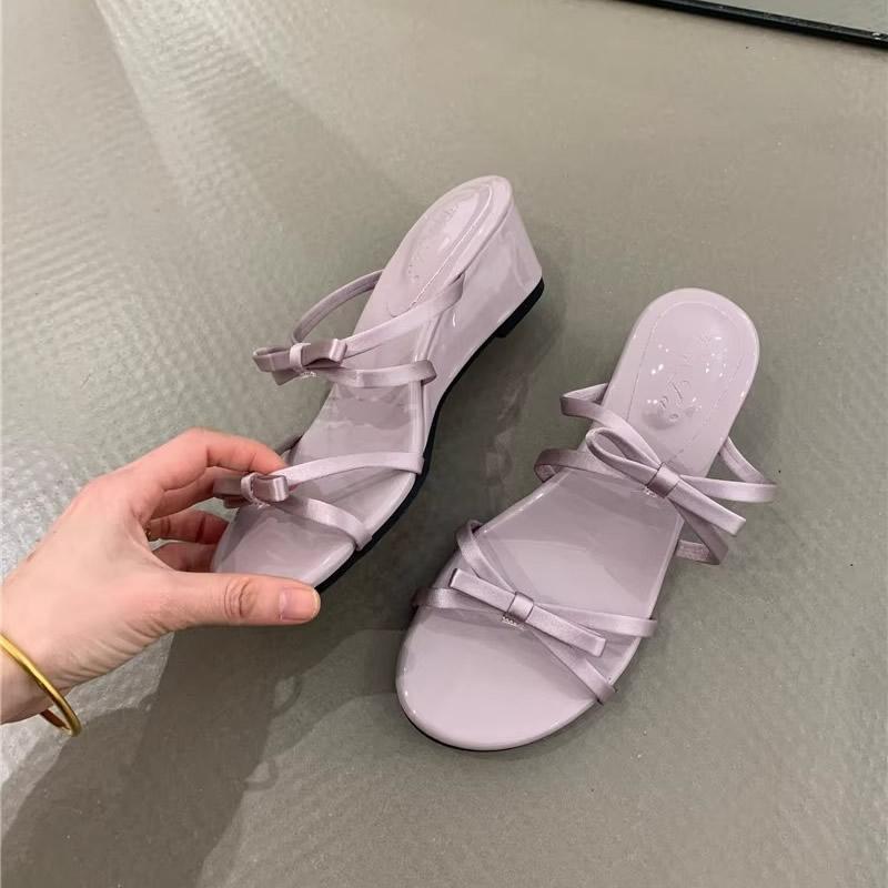 Summer 2025 Women's Wedge Heel Slippers with Butterfly Knot Soft Bottom Outdoor Wear Microfiber Korean Style Ladies Slides