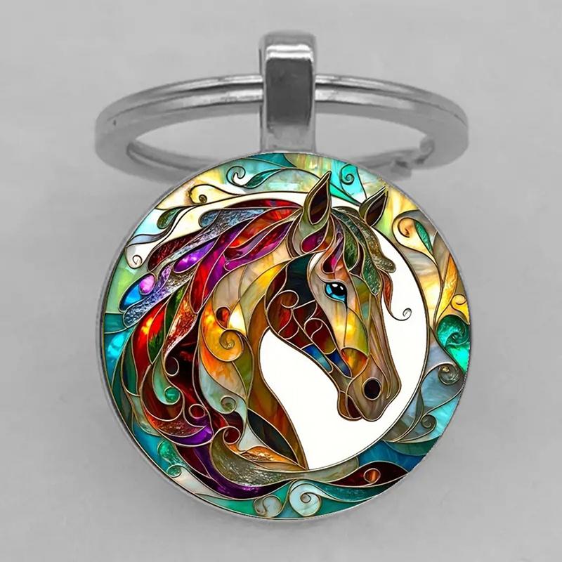 

Vintage Horse Head Pattern Circular Pendant Keychain Backpack Hangings Decoration Gifts