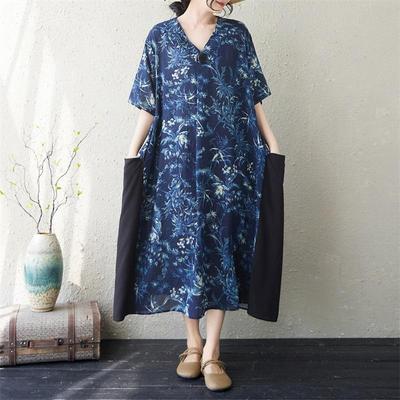 Short Sleeve Plus Size Cotton Vintage Floral New In Dresses for Women Casual Loose Long Summer Dress