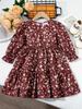 Girls Floral Print Long Sleeve Casual Dress Round Neck Tiered Ruffle Hem Lightweight Comfortable Fabric