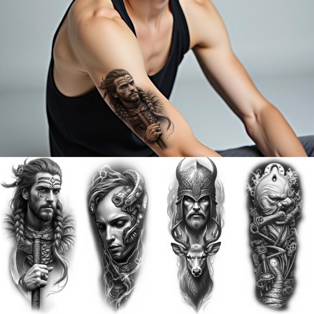 12pcs Temporary Tattoo Black And Grey Realism Roman Soldier Woman With Skulls Viking Warrior For Men Thighs Arms