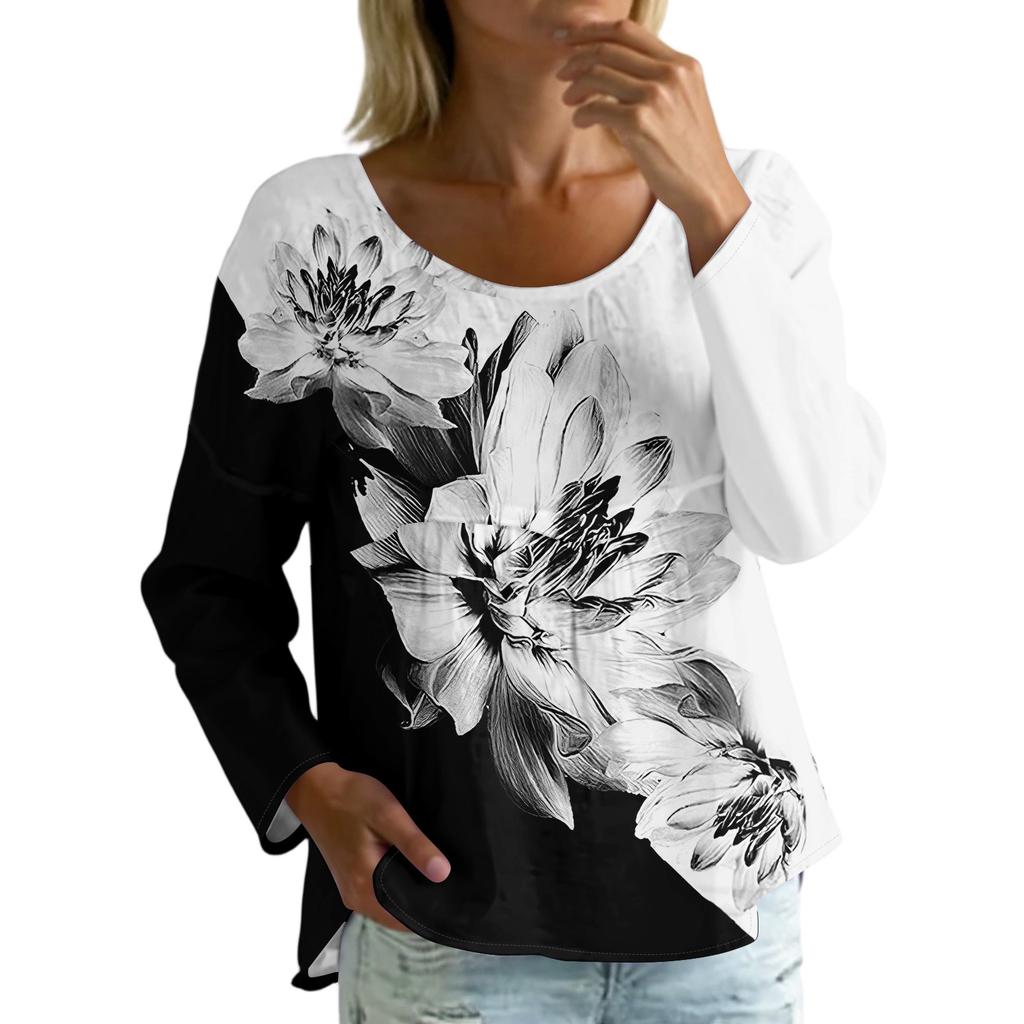 Damen Casual Mode Locker Rundhals Blumenmuster Langarm Oberteil