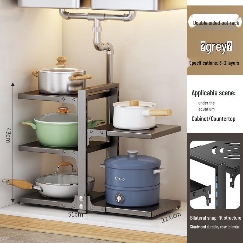 Estante de almacenamiento de ollas y utensilios de cocina de múltiples capas para cocina, organizador de encimera bajo el fregadero, diseño de doble cara