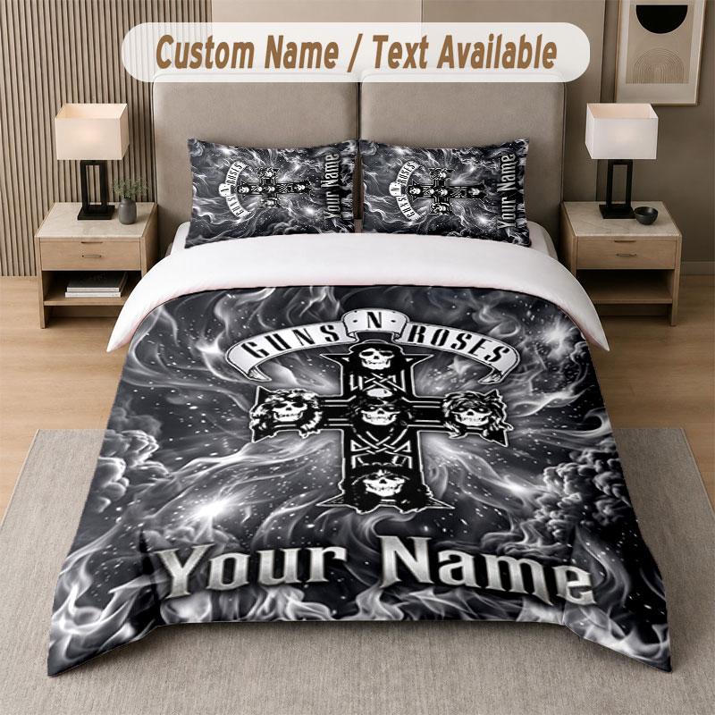 Custom Bedding Set Guns N’ Roses Pattern, Print Name Text 1 Duvet Cover plus 2 Pillowcases Home Textile