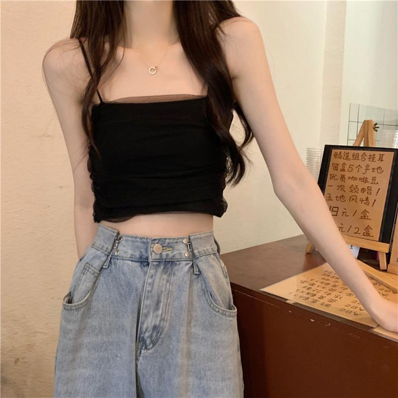 White Mesh Suspender Tank Top for Women's Summer Short Slim Fit and Strapless