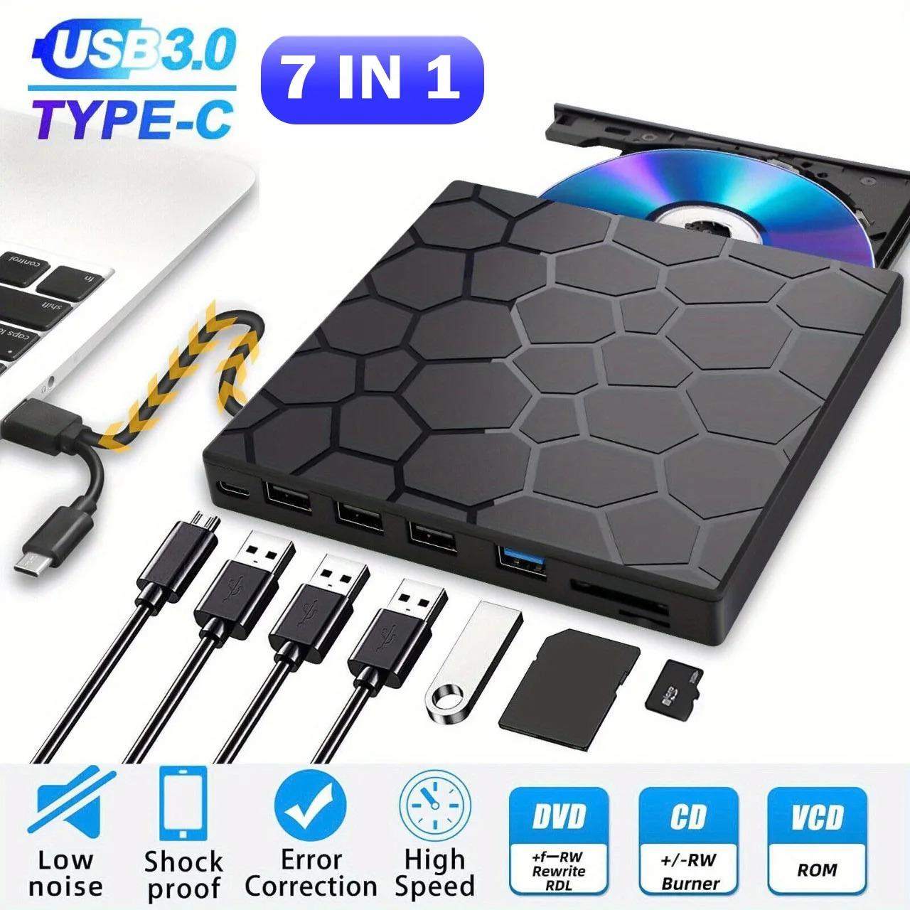 

Внешний DVD-привод 7 в 1 с USB3.0 и Type C DVD-резак Привод оптических дисков Рекордер CD/DVD-плеер CD-писатель для ноутбука Настольного компьютера чёрный