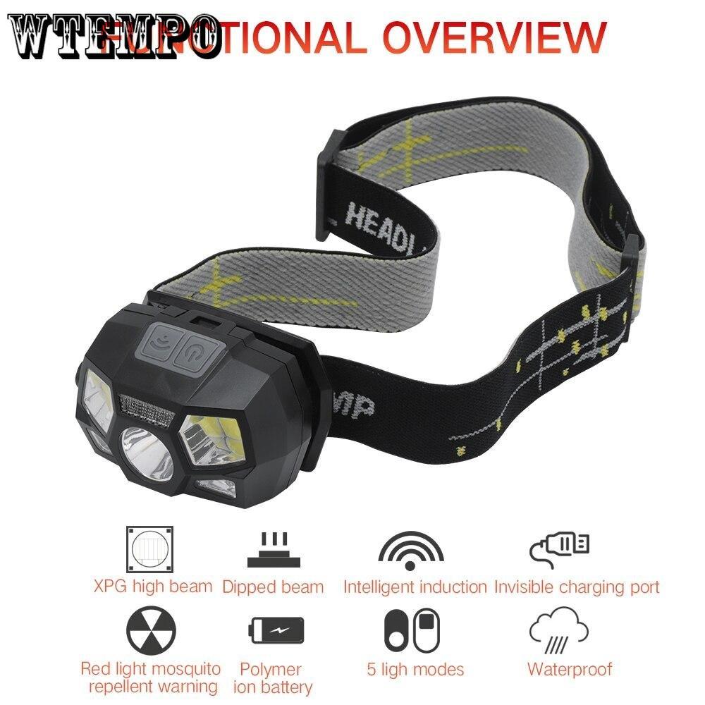 Strong Light XPE+COB+red Light USB Charging Sensing Headlights Waterproof Night Fishing for Erbium Camping Lights