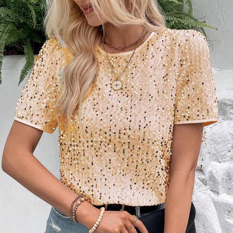 Women's New Commuter Loose Models Short-sleeved Package Neck Round Neck Top Sequin T-shirt