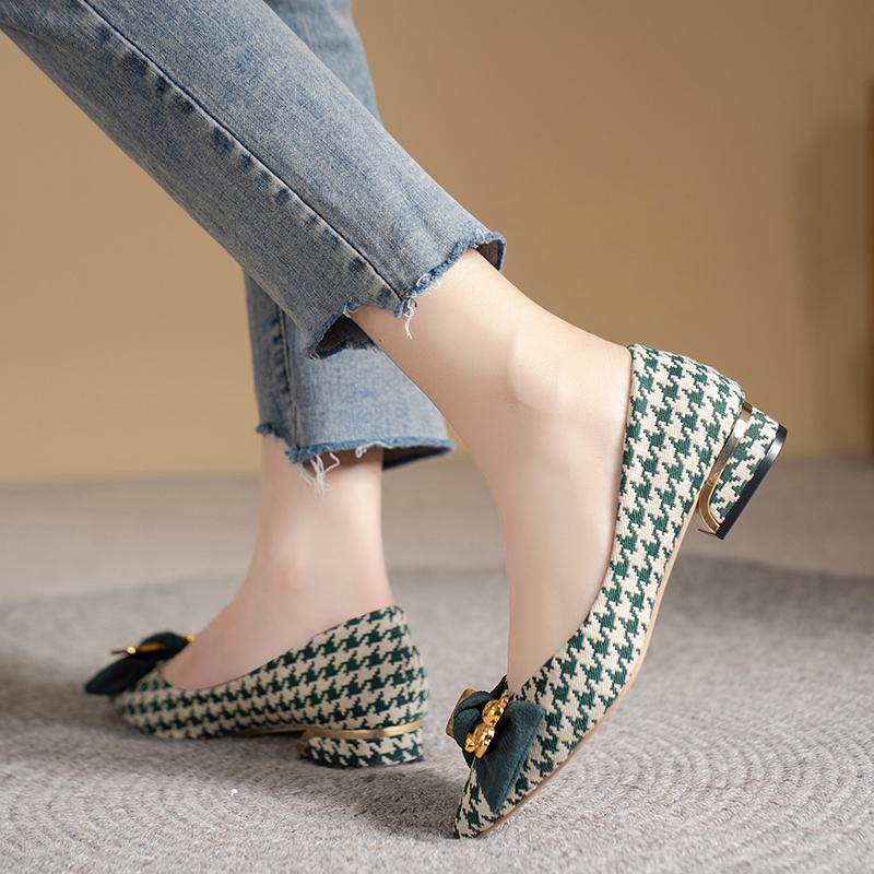 Shoes for Women 2024 New Slip On Women's Flats Autumn Pointed Toe Mixed Colors Houndstooth Butterfly-knot Shallow Mouth Shoes