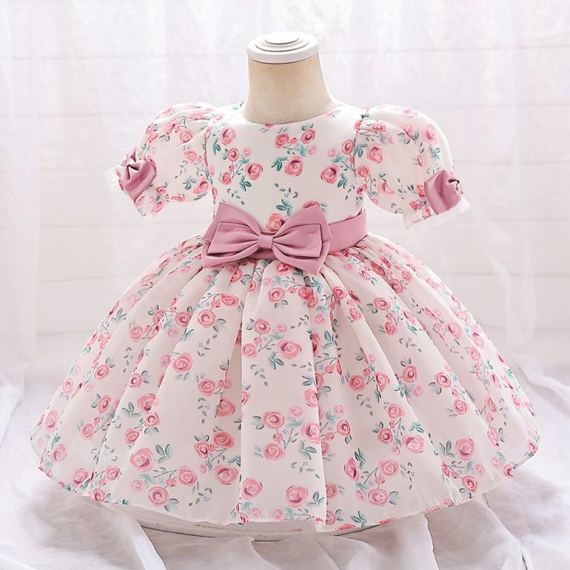 Baby Girls Formal Dress Floral Print Puff Sleeve Tulle Gown Birthday Party Wedding Events
