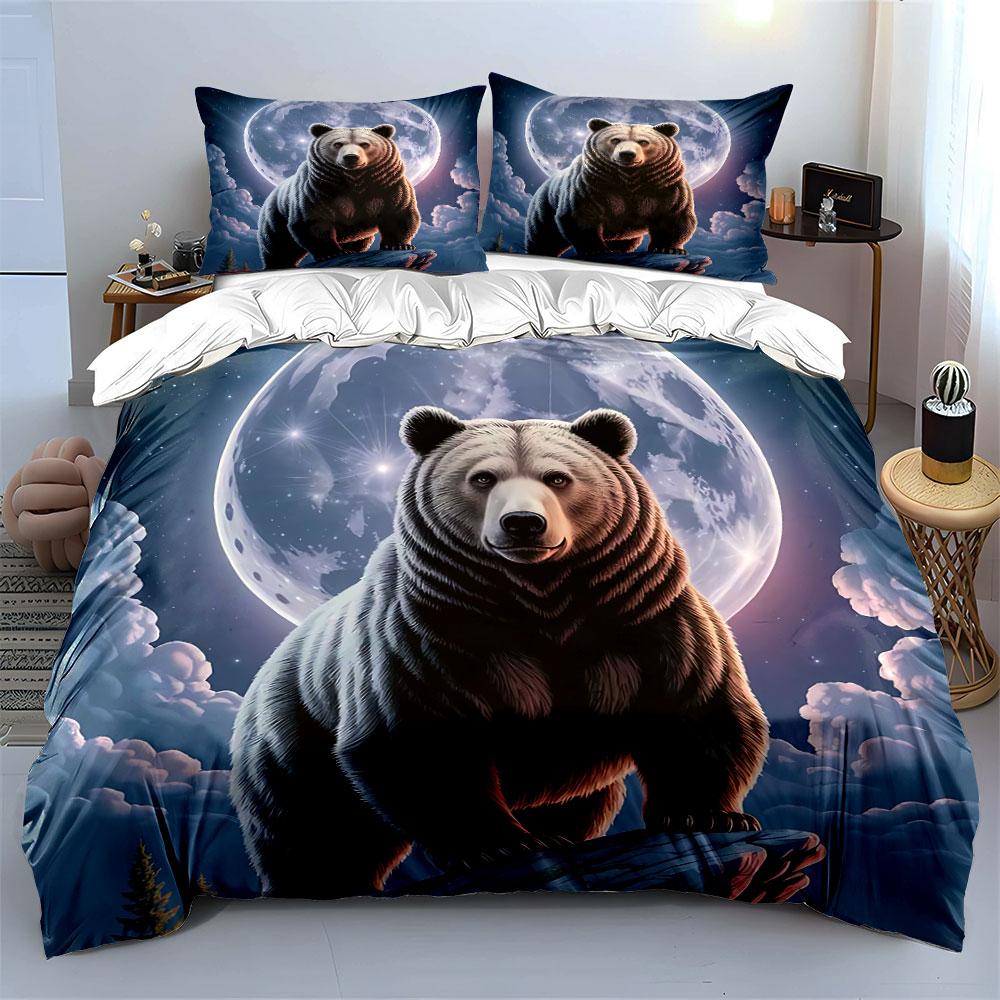 Bear Under Full Moon Night Bedding Duvet Cover Set Duvet Cover Pillowcases (1*Duvet Cover 2*Pillowcases, without duvet insert)