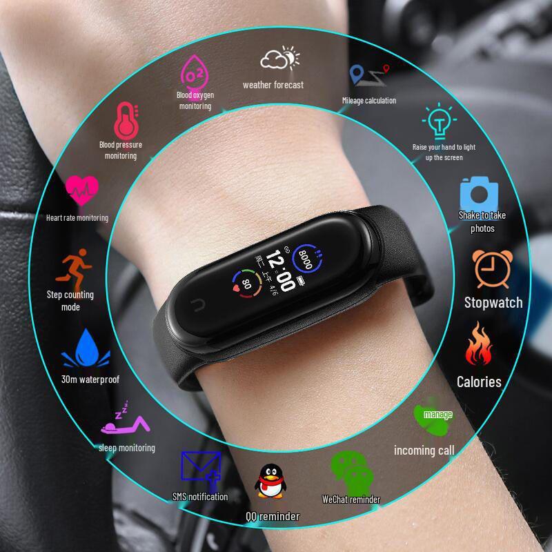 M6 Smart Bracelet: Heart Rate, Blood Pressure, Bluetooth, Pedometer, Music, Weather, Sleep Monitoring.