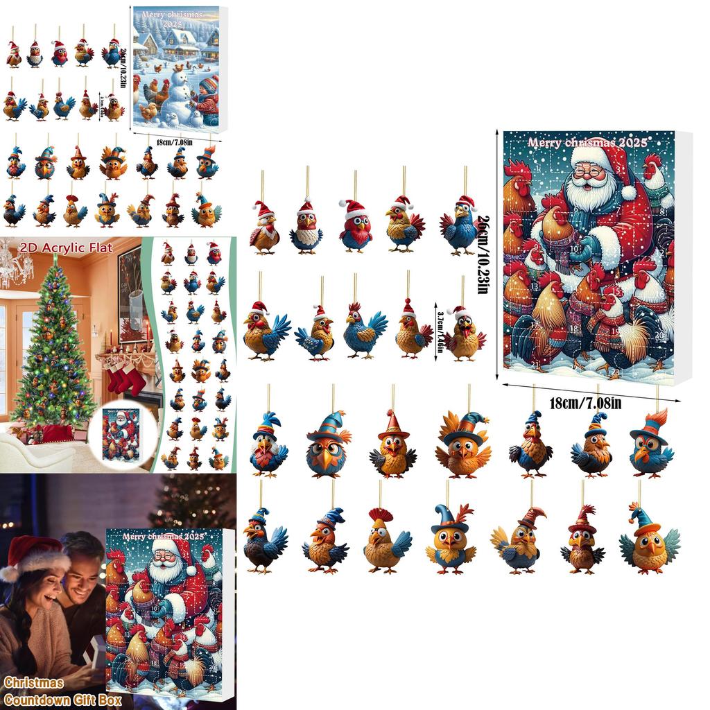 Weihnachts-Adventskalender mit 24 Acryl-Hahn-Dekorationen für die Feiertage