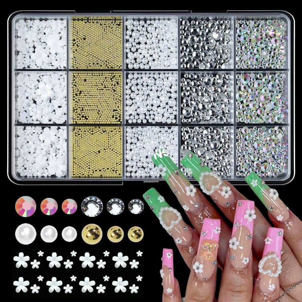 15Grids/Box Resin Nail Rhinestones Mixed Bowknot Pearl Heart Nail Art Decorations  DIY