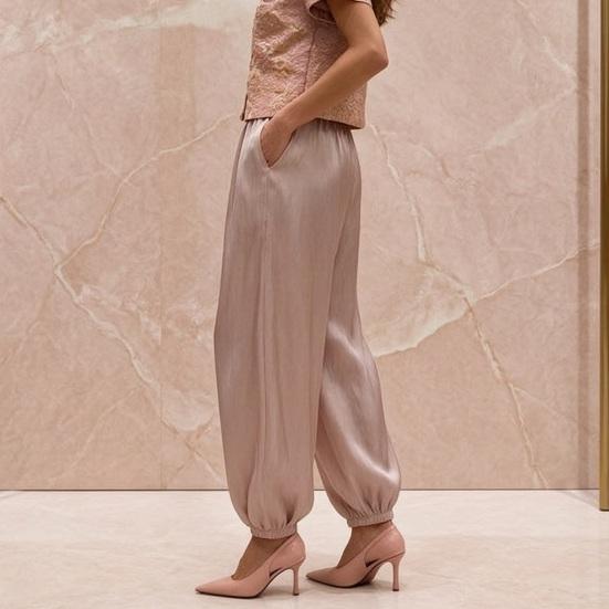 Satin Bloomers Waist Wide Leg Trousers Pure Color Loose Fit Flowing Pants for Date