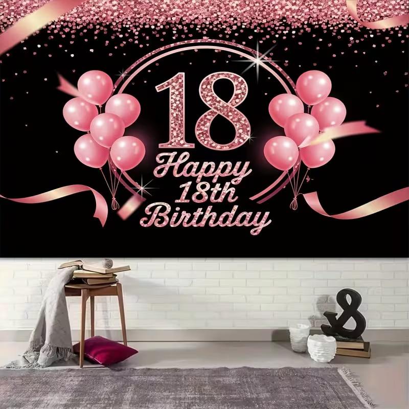 2D Black Pink Balloon 18th Birthday Backdrop, Glitter Confetti Decor Banner