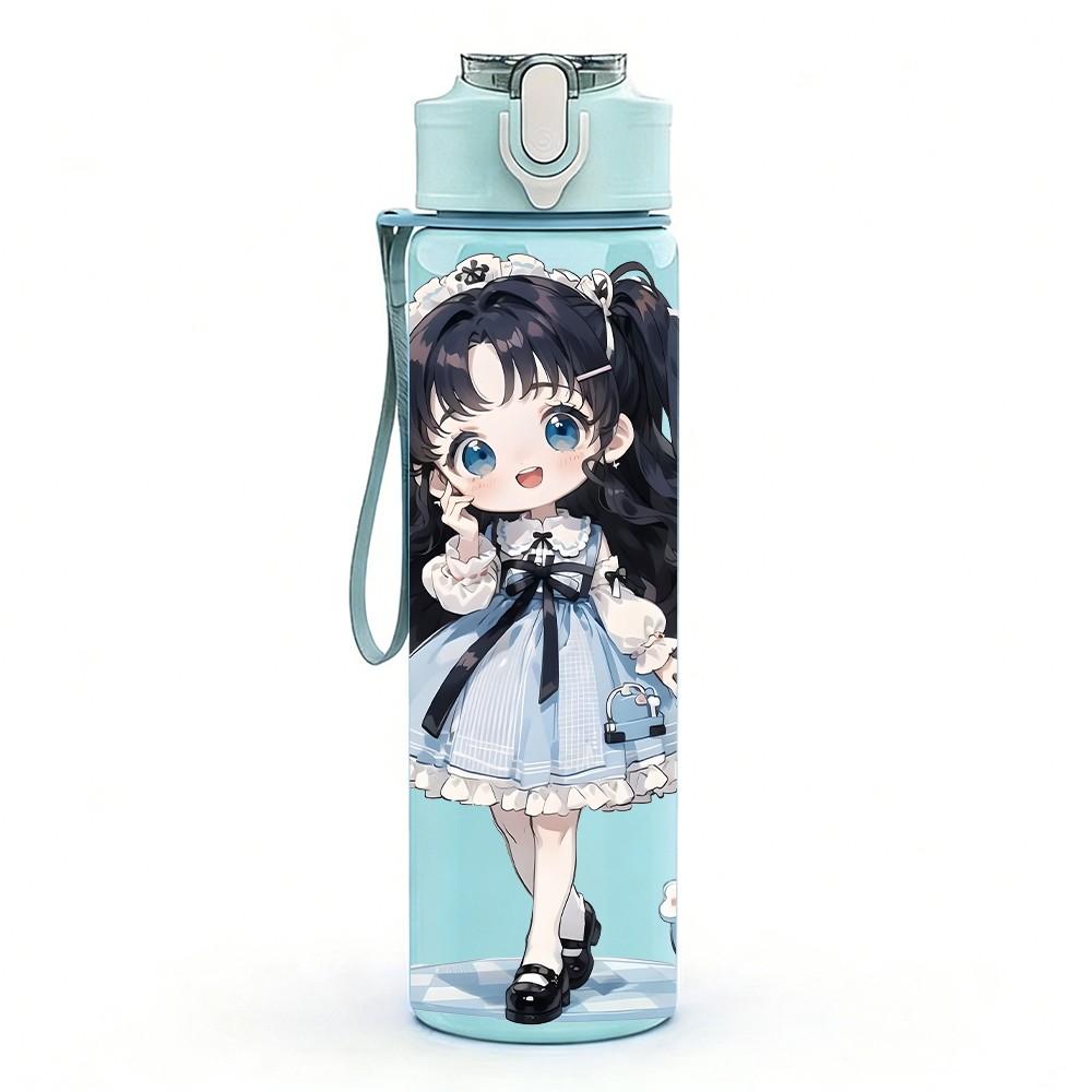 1PC Dark Blue Dress Girl Standing Pattern 750ml Color Plastic Sports Water Bottle Leakproof Flip Straw Lid Suitable for Sports Office Home Use