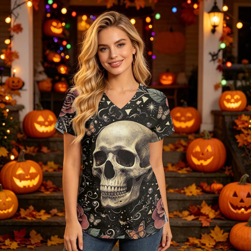 Damska koszula robocza z dekoltem w serek, krótkim rękawem i kieszeniami, z nadrukiem na Halloween, top do uniformu opiekuna