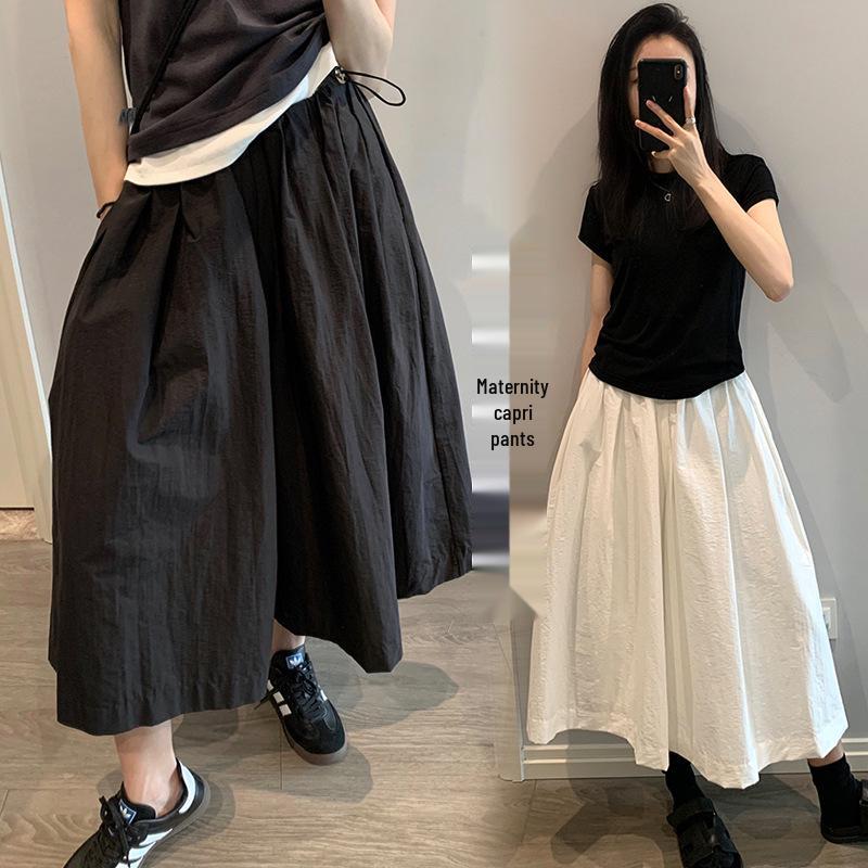 2026 Summer White Wide-Leg Maternity Pants with Pleated Waist and Loose Cropped Design Large