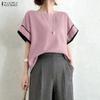 ZANZEA Women Casual Round Neck Loose Summer Short Sleeve Blouse