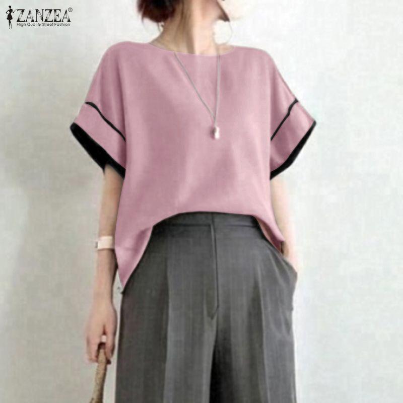 ZANZEA Women Casual Round Neck Loose Summer Short Sleeve Blouse