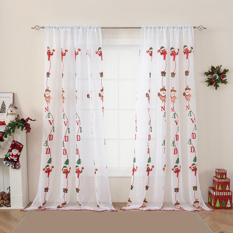 Christmas Santa Claus Embroidered Curtain American Style Festive Atmosphere Decor Sheer Pole Curtain for Living Room Bedroom