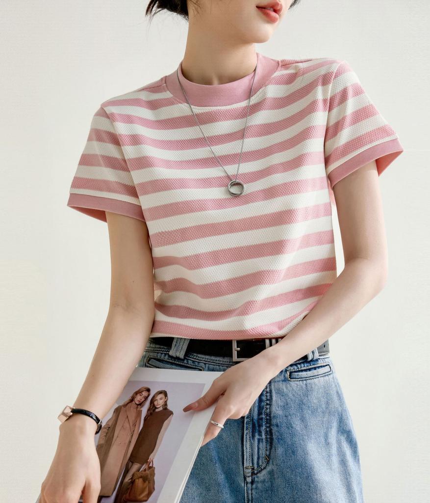 Niche Round Neck Textured Contrast Striped Short-sleeved T-shirt for Women 2024 Spring and Summer New Design Top