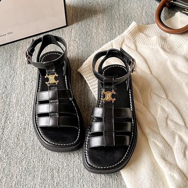 

Xiaoxiangfeng woven one-word sandals 2025 new retro thick-soled heightening Roman sandals flat-soled beach shoes women 34 чёрный