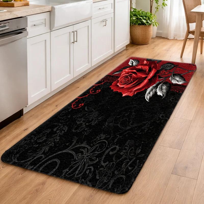 1pc Vintage Red Rose Non-Slip Floor Mat | Flannel Material, Durable &, Machine-Washable, Suitable For Living Room, Bedroom, Office, Bathroom